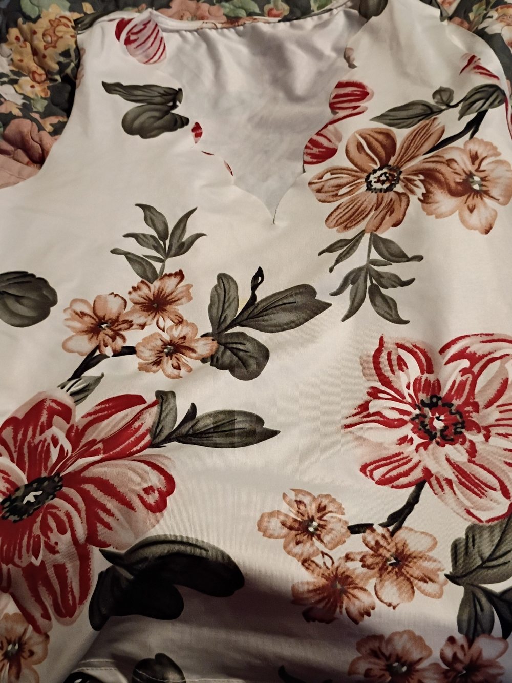 SHEIN White Floral Tank Top with Red and Green Accents